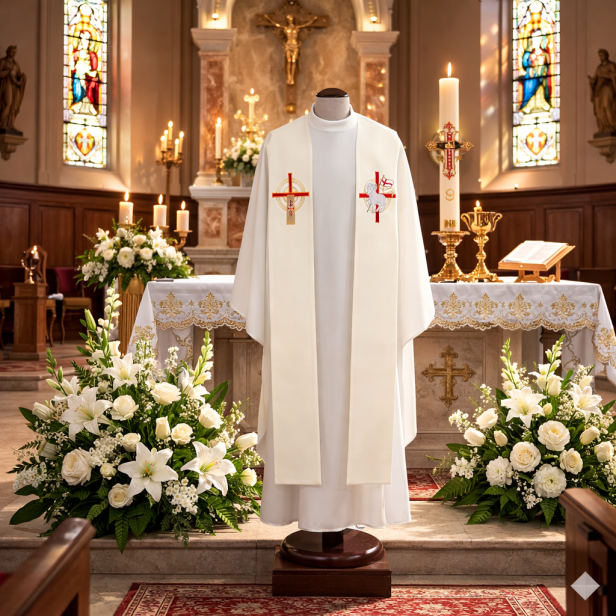 Stuła kapłańska haftowana – symbol Zmartwychwstania | ecru