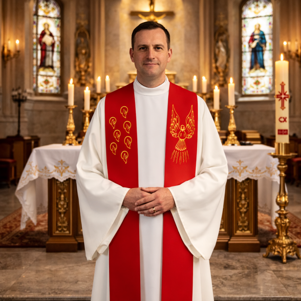 Stuła kapłańska haftowana – Duch Święty | bierzmowanie | czerwona