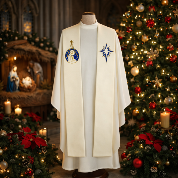 Stuła kapłańska bożonarodzeniowa – haft Gwiazda Betlejemska | ecru