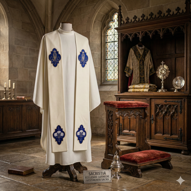 Stuła Maryjna z niebieskim kartuszem – haft klasyczny | ecru