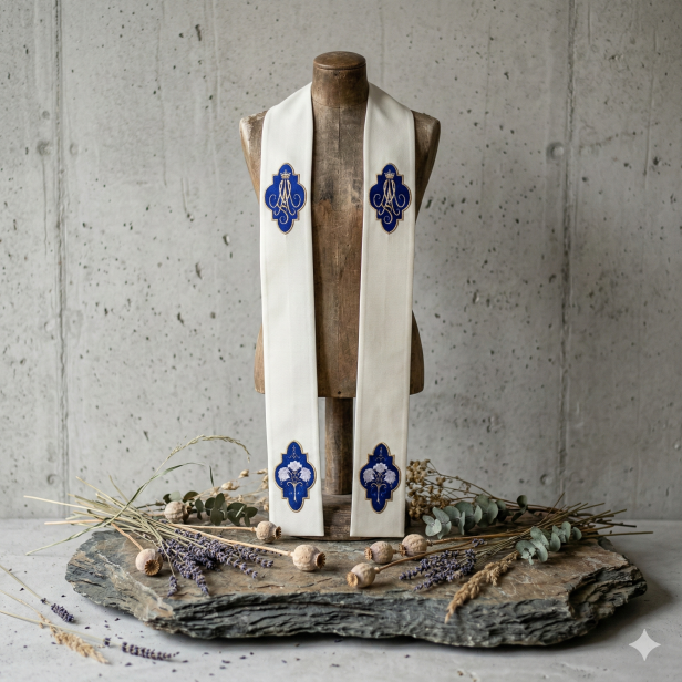 Stuła Maryjna z niebieskim kartuszem – haft klasyczny | ecru