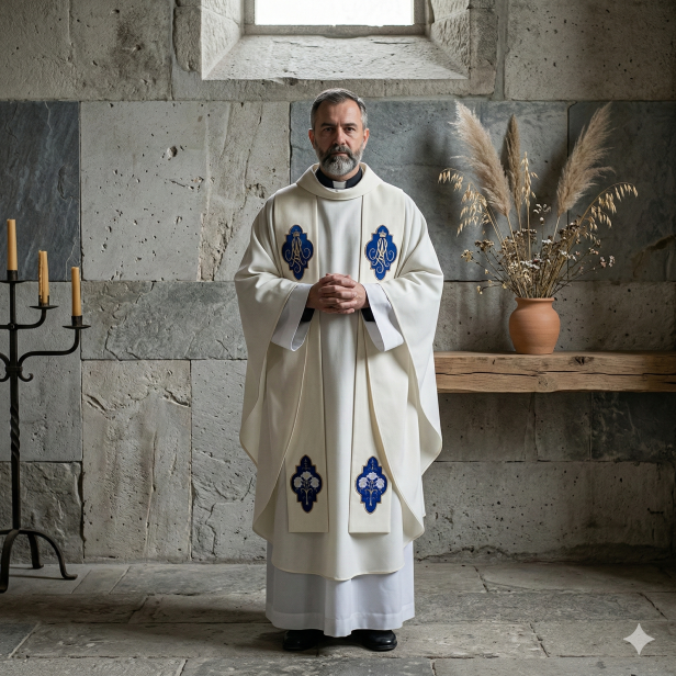 Stuła Maryjna z niebieskim kartuszem – haft klasyczny | ecru