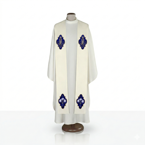 Stuła Maryjna z niebieskim kartuszem – haft klasyczny | ecru