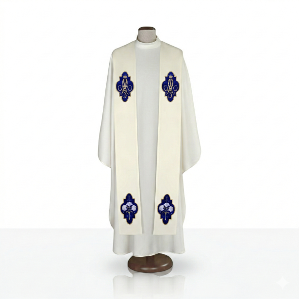 Stuła Maryjna z niebieskim kartuszem – haft klasyczny | ecru