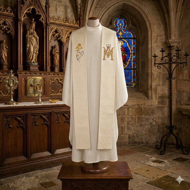Stuła Maryjna Regina – monogram M i Niepokalane Serce | ecru