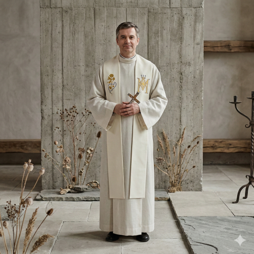 Stuła Maryjna Regina – monogram M i Niepokalane Serce | ecru