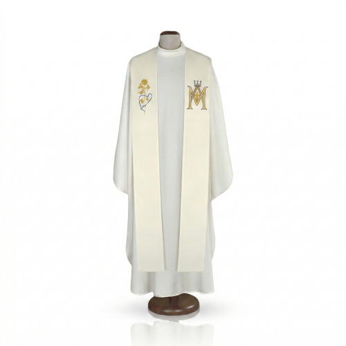 Stuła Maryjna Regina – monogram M i Niepokalane Serce | ecru
