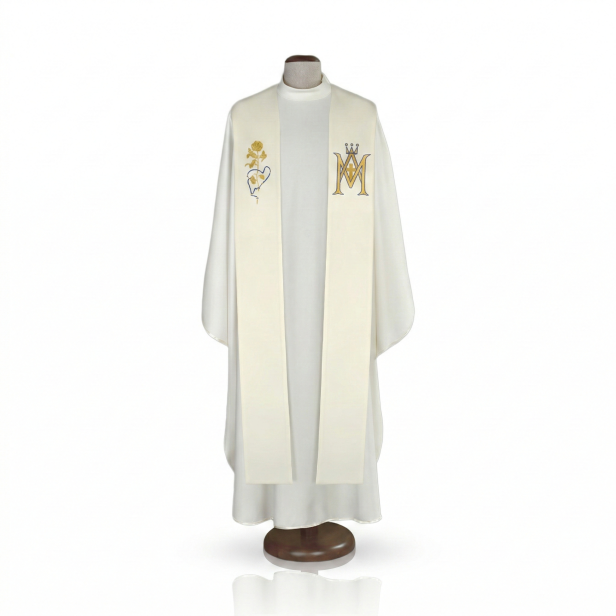 Stuła Maryjna Regina – monogram M i Niepokalane Serce | ecru