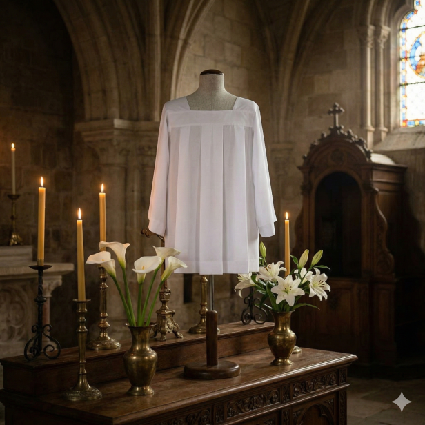 Komża ministrancka tropik – biała, 100% poliester (strecz)