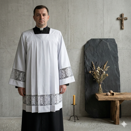 Komża kapłańska IHS – bawełniana koronka eucharystyczna | Szaty LIturgiczne