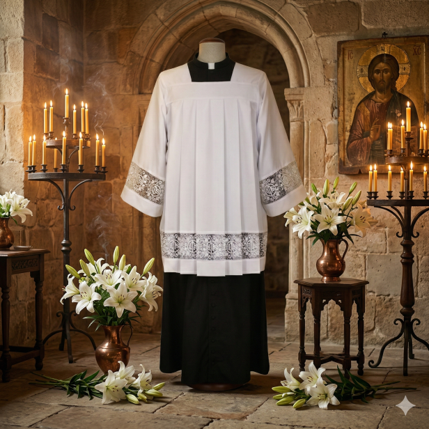 Komża kapłańska IHS – bawełniana koronka eucharystyczna | Szaty LIturgiczne