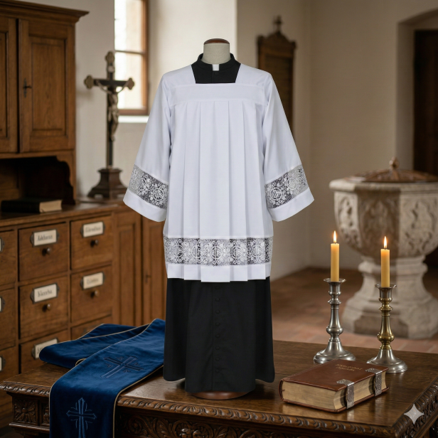 Komża kapłańska IHS – bawełniana koronka eucharystyczna | Szaty LIturgiczne