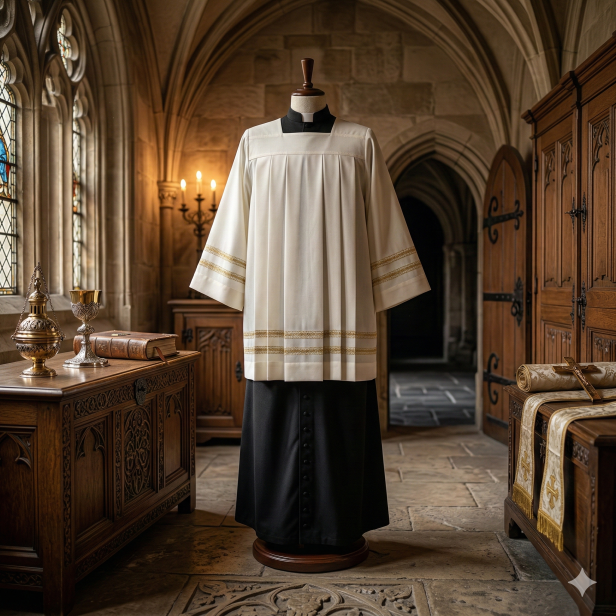 Komża kapłańska ze złotą mereżką – elegancka | Szaty Liturgiczne