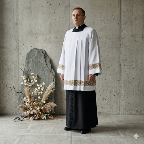 Komża kapłańska złoto-biała – dekoracyjna wstawka | Szaty Liturgiczne