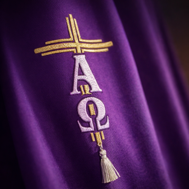 Kapa fioletowa haftowana – Alfa i Omega | Szaty Liturgiczne