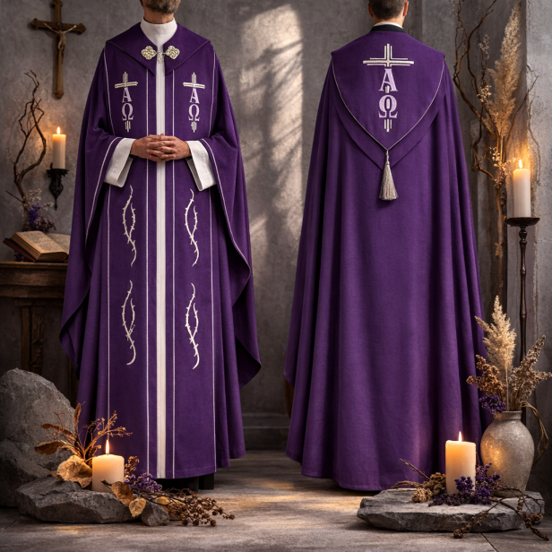 Kapa fioletowa haftowana – Alfa i Omega | Szaty Liturgiczne