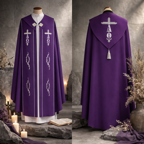 Kapa fioletowa haftowana – Alfa i Omega | Szaty Liturgiczne