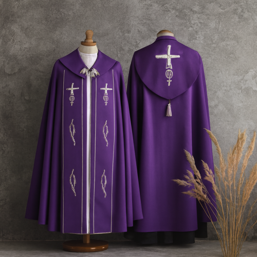 Kapa fioletowa haftowana – Alfa i Omega | Szaty Liturgiczne