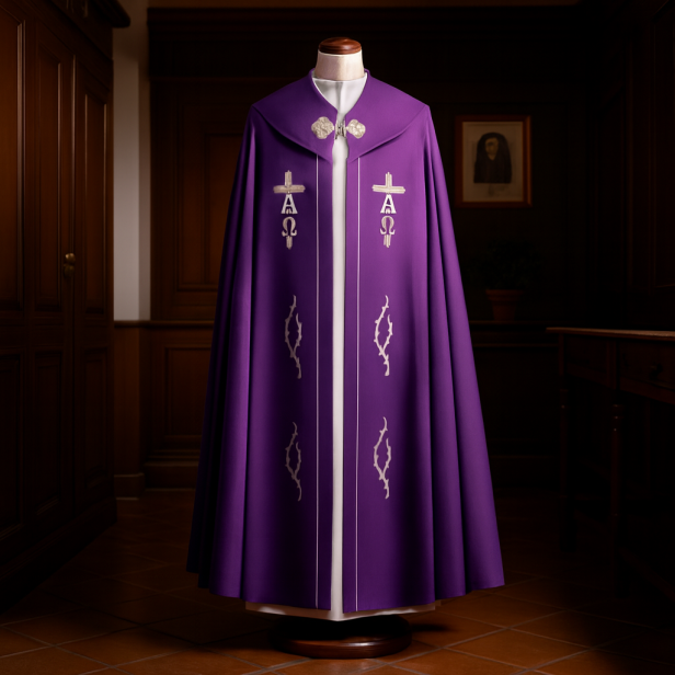Kapa fioletowa haftowana – Alfa i Omega | Szaty Liturgiczne