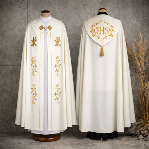 Kapa biała haftowana PX – eucharystyczna | Szaty Liturgiczne