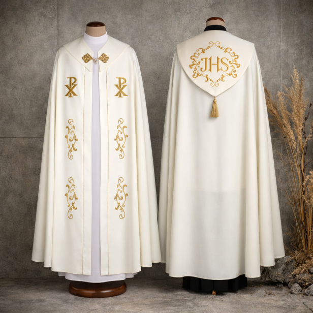 Kapa biała haftowana PX – eucharystyczna | Szaty Liturgiczne