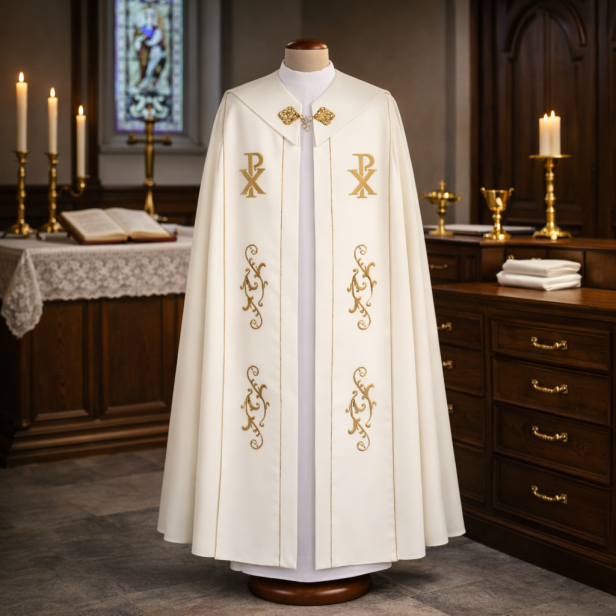 Kapa biała haftowana PX – eucharystyczna | Szaty Liturgiczne