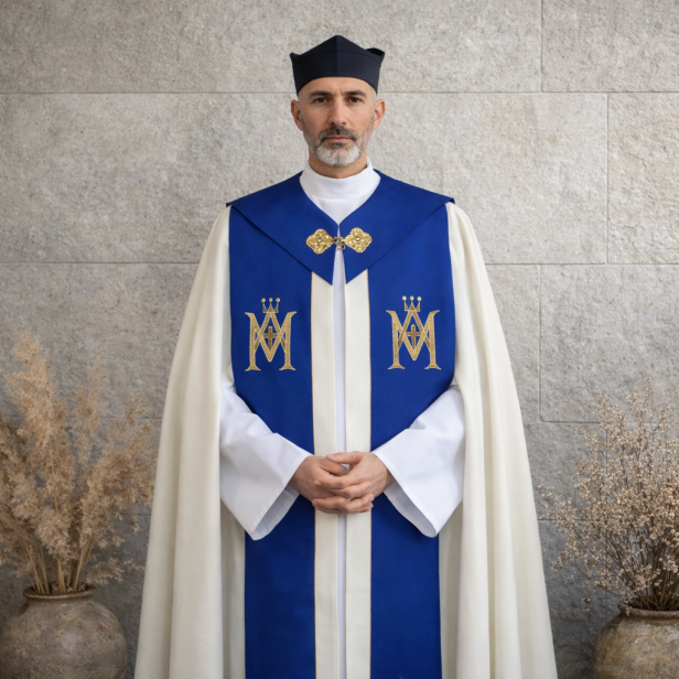 Kapa Maryjna z różą i różańcem – niebieska | Szaty Liturgiczne