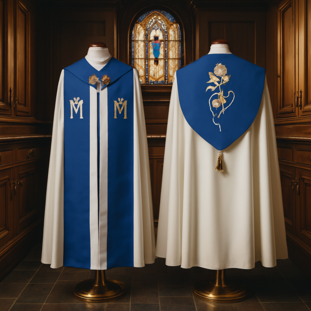 Kapa Maryjna z różą i różańcem – niebieska | Szaty Liturgiczne