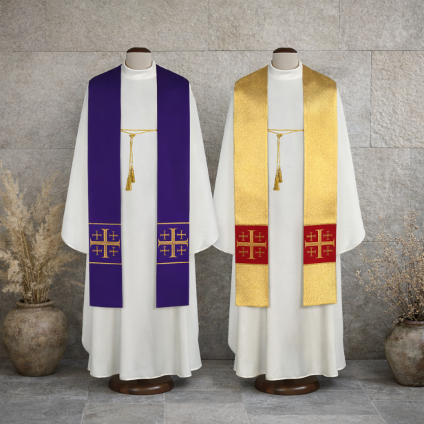 Stuła kapłańska dwustronna z krzyżem jerozolimskim | Szaty Liturgiczne