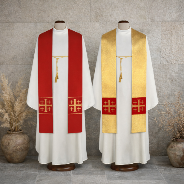 Stuła kapłańska dwustronna z krzyżem jerozolimskim | Szaty Liturgiczne