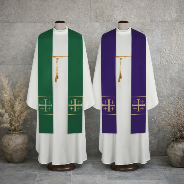 Stuła kapłańska dwustronna z krzyżem jerozolimskim | Szaty Liturgiczne
