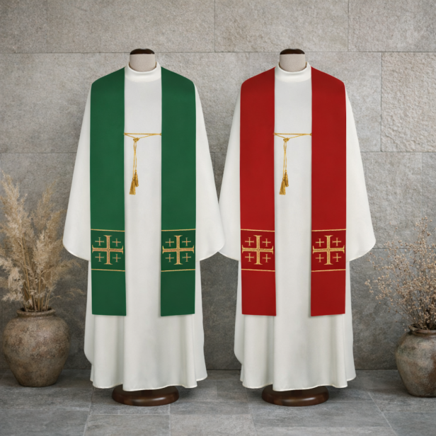 Stuła kapłańska dwustronna z krzyżem jerozolimskim | Szaty Liturgiczne