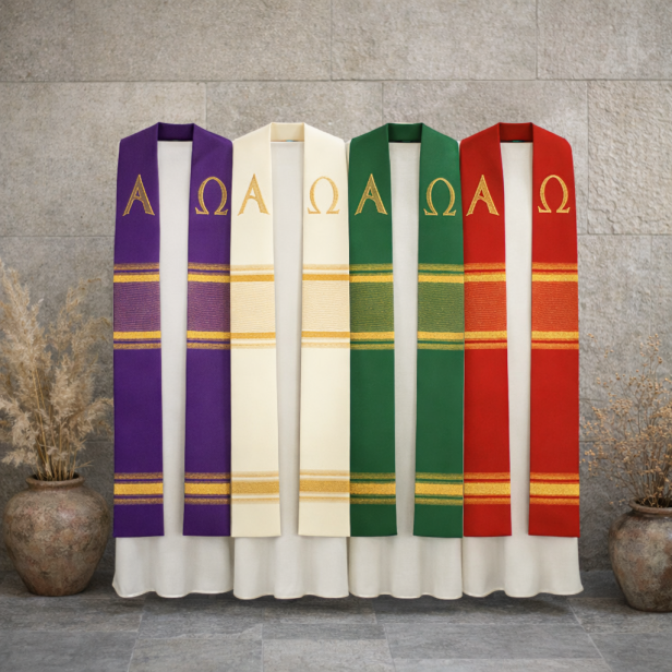 Stuła kapłańska Alpha Omega – haftowana | Szaty Liturgiczne