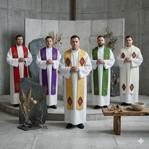 Stuła kapłańska brokatowa z aksamitną aplikacją | Szaty Liturgiczne