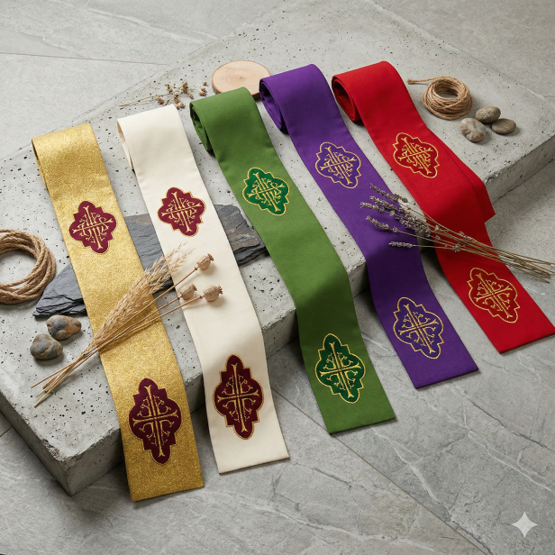 Stuła kapłańska brokatowa z aksamitną aplikacją | Szaty Liturgiczne