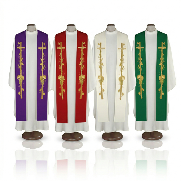 Stuła kapłańska z krzyżem i winoroślą – haftowana | Szaty Liturgiczne