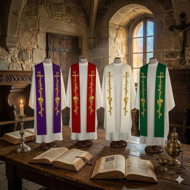 Stuła kapłańska z krzyżem i winoroślą – haftowana | Szaty Liturgiczne