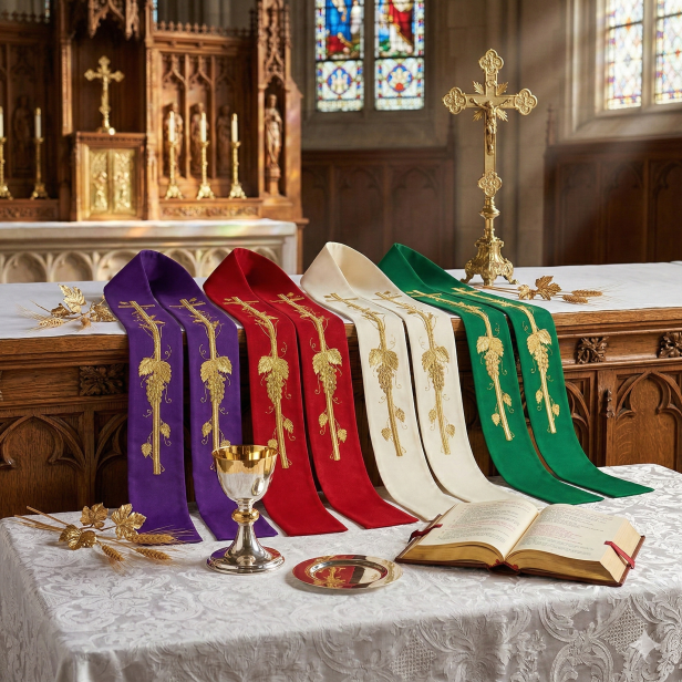 Stuła kapłańska z krzyżem i winoroślą – haftowana | Szaty Liturgiczne