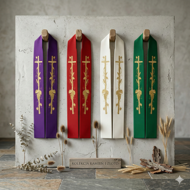 Stuła kapłańska z krzyżem i winoroślą – haftowana | Szaty Liturgiczne