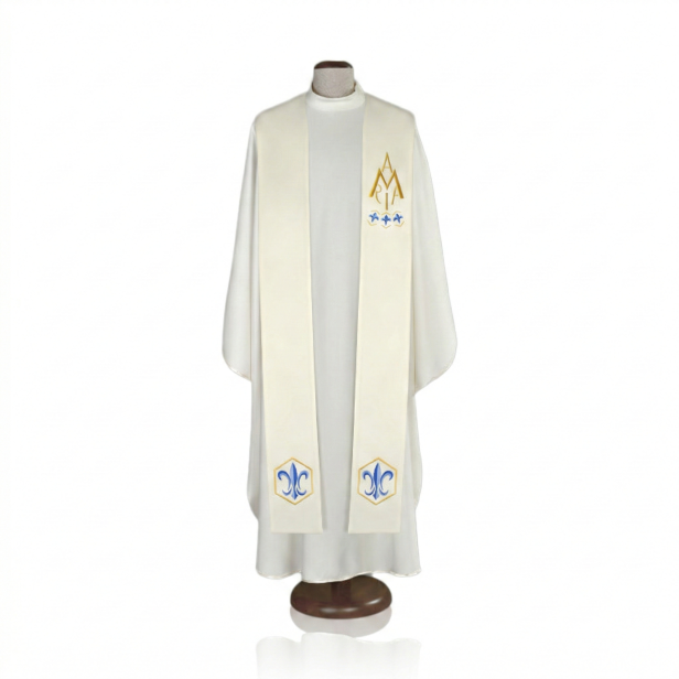 Stuła Maryjna Ave Maria z liliami – haft złoto-niebieski | ecru