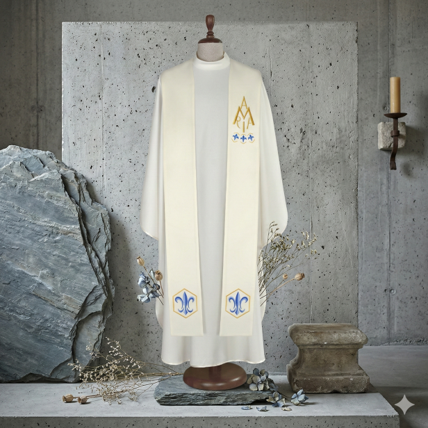 Stuła Maryjna Ave Maria z liliami – haft złoto-niebieski | ecru