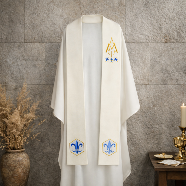 Stuła Maryjna Ave Maria z liliami – haft złoto-niebieski | ecru