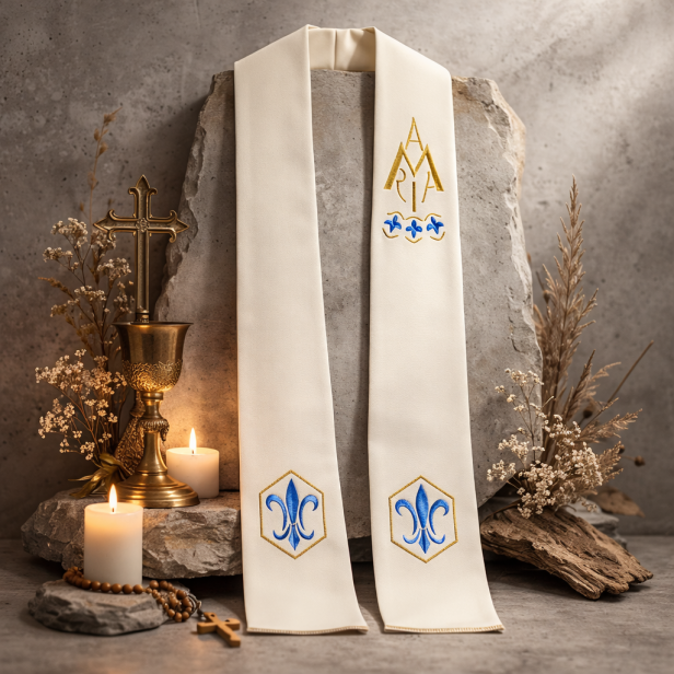 Stuła Maryjna Ave Maria z liliami – haft złoto-niebieski | ecru