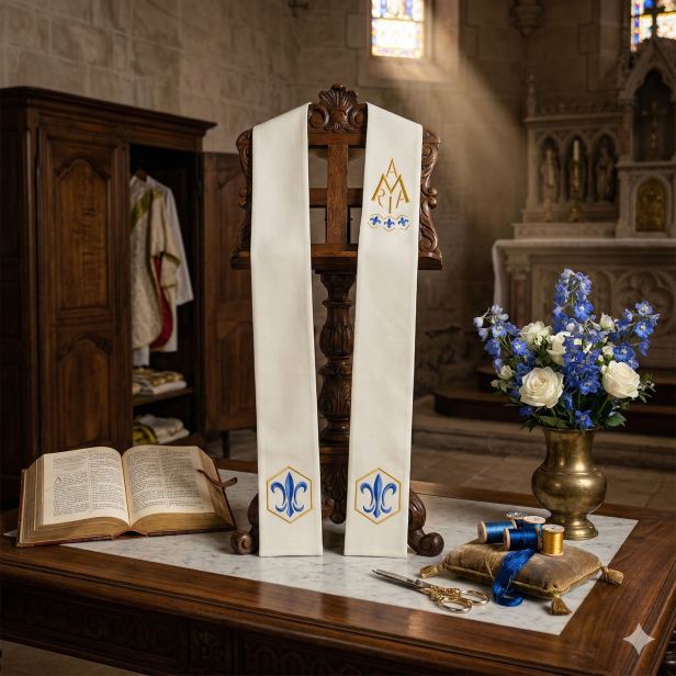 Stuła Maryjna Ave Maria z liliami – haft złoto-niebieski | ecru