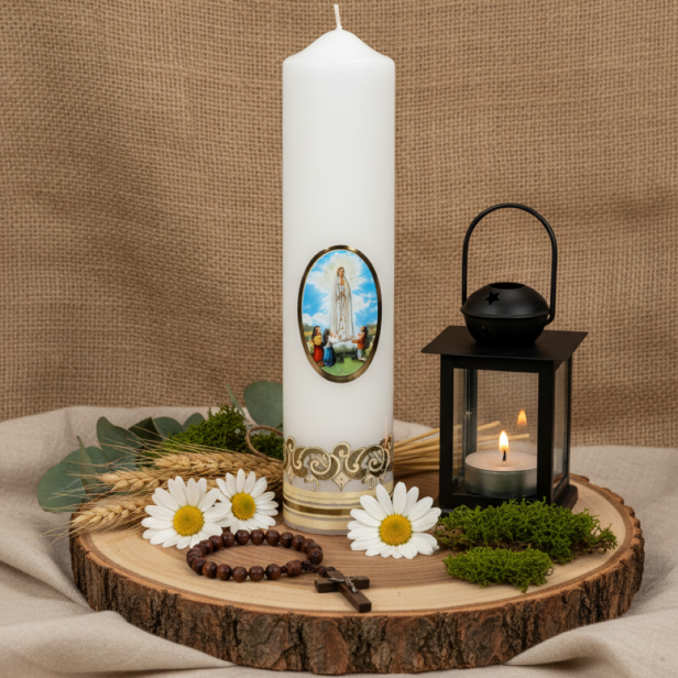 Matka Boska Fatimska - Świeca OŁTARZOWA  (Ø 7 cm, wys. 27 cm)