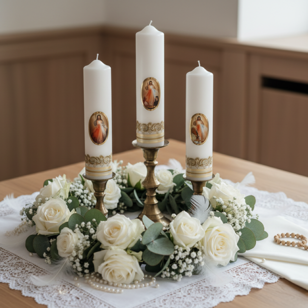 Świeca ołtarzowa Jezu Ufam Tobie – Pan Jezus Miłosierny, Ø 7 cm, wys. 27 cm