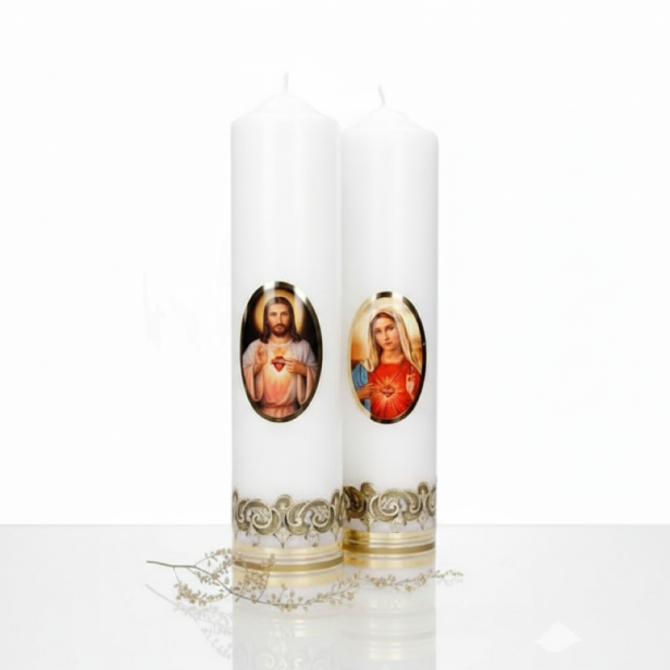 Świeca OŁTARZOWA – Serce Jezusa lub Serce Maryi (Ø 7 cm, wys. 27 cm)