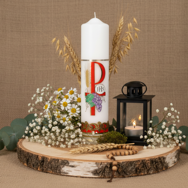 Motyw eucharystyczny – IHS, winogrona i kłosy (Czerwony znak „P” (Chi-Rho) z winogronami i hostią IHS) - Świeca OŁTARZOWA – Ø 7 cm, wys. 27 cm