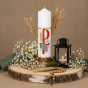 Motyw eucharystyczny – IHS, winogrona i kłosy (Czerwony znak „P” (Chi-Rho) z winogronami i hostią IHS) - Świeca OŁTARZOWA – Ø 7 cm, wys. 27 cm