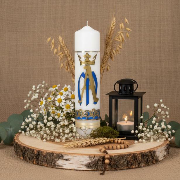 Motyw maryjny – litera M z koroną Maryi (Złoto-niebieska litera „M” z koroną) - Świeca OŁTARZOWA – Ø 7 cm, wys. 27 cm